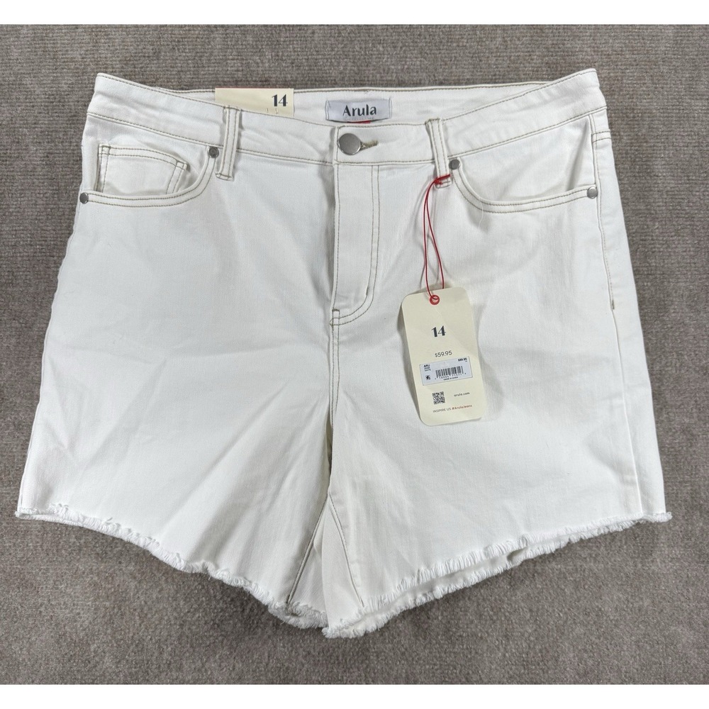 Arula Women's Size 14 White Denim Shorts High Rise 6.25" Inseam Raw Hem NWT